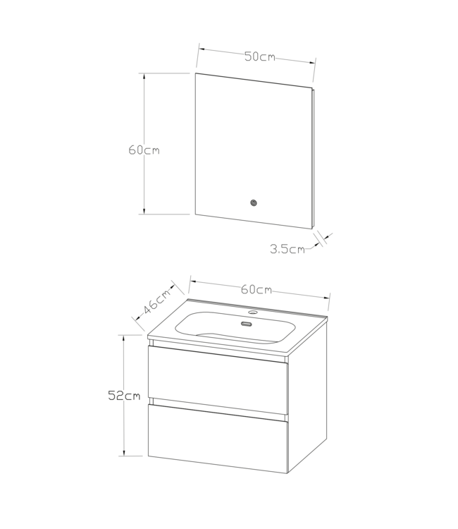 Badkamermeubelset Compleet ALONI LIVA  - 60cm - Mat Zwart met Wastafel & Led - Spiegel