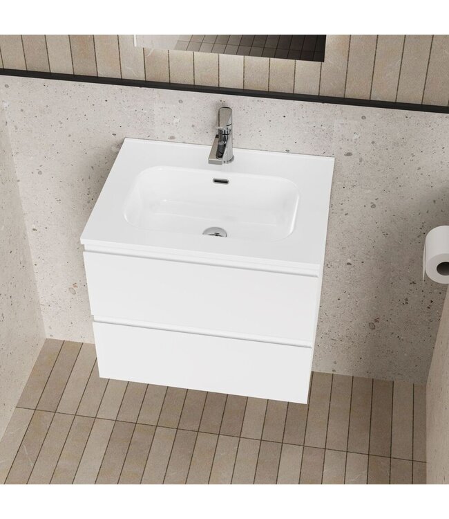 Badkamermeubelset Compleet ALONI LIVA  - 60cm - Glans Wit met Wastafel & Led - Spiegel
