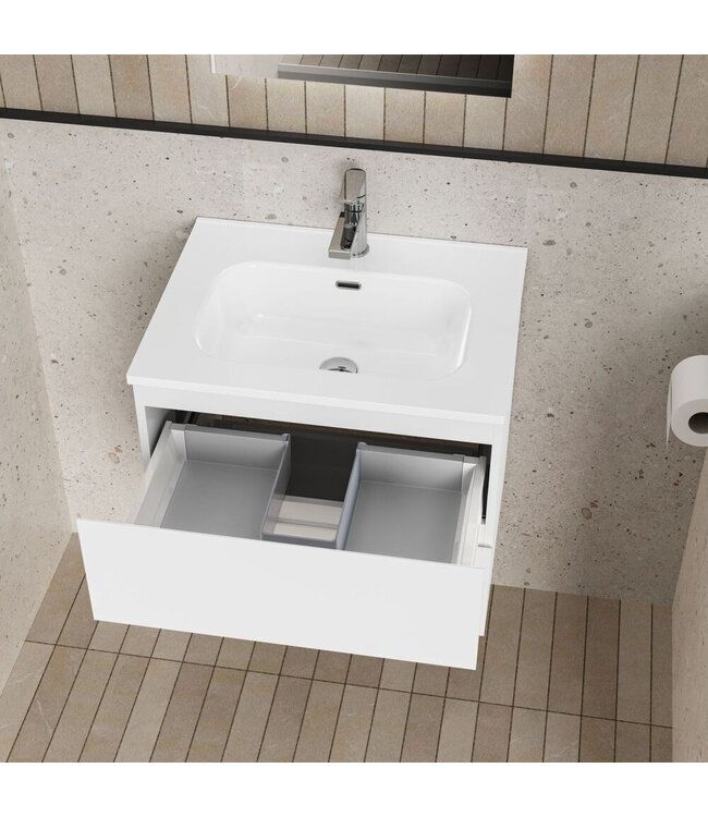 Badkamermeubelset Compleet ALONI LIVA  - 60cm - Glans Wit met Wastafel & Led - Spiegel