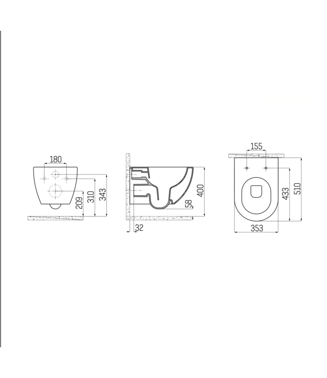 Toiletset Geberit UP320 - Creavit Hangtoilet met bidet Randloos Wit - Drukplaat Mat Zwart