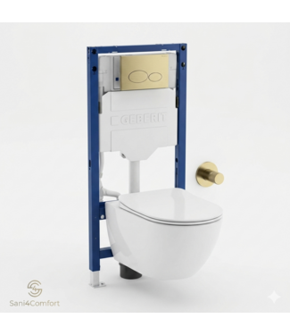 GEBERIT Toiletset Geberit UP320 - Creavit Hangtoilet met bidet Randloos Wit - Drukplaat Mat Goud