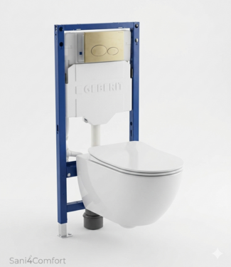 GEBERIT Toiletset Geberit UP320 - Creavit Hangtoilet Randloos Wit - Drukplaat Mat Goud
