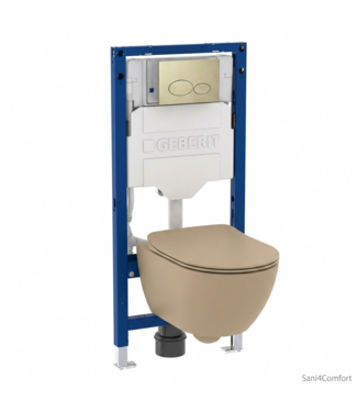 GEBERIT Toiletset Geberit UP320 - Creavit Hangtoilet Randloos Cappuccino - Drukplaat Mat Goud