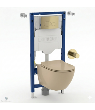 GEBERIT Toiletset Geberit UP320 - Creavit Hangtoilet met bidet Randloos Cappuccino - Drukplaat Mat Goud