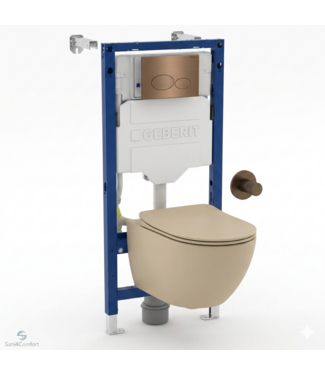 GEBERIT Toiletset Geberit UP320 - Creavit Hangtoilet met bidet Randloos Cappuccino - Drukplaat Brons Koper