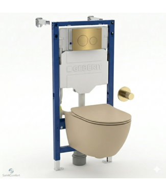 GEBERIT Toiletset Geberit UP320 - Creavit Hangtoilet met bidet Randloos Cappuccino - Drukplaat Mat Goud