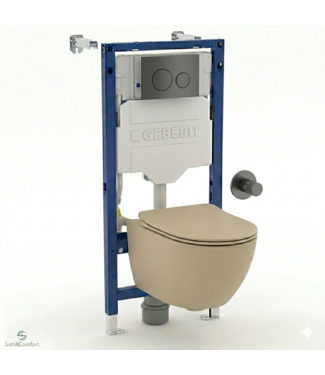 GEBERIT Toiletset Geberit UP320 - Creavit Hangtoilet met bidet Randloos Cappuccino - Drukplaat Gunmetal