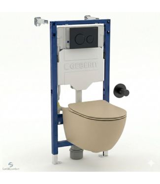 GEBERIT Toiletset Geberit UP320 - Creavit Hangtoilet met bidet Randloos Cappuccino - Drukplaat Mat Zwart