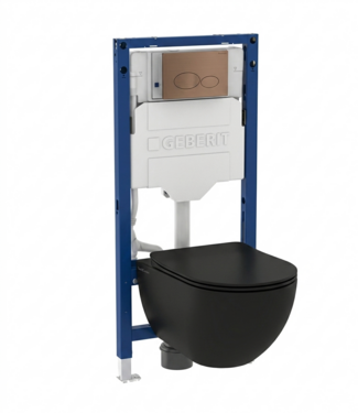 GEBERIT Toiletset Geberit UP320 - Creavit Hangtoilet Randloos Zwart - Drukplaat Brons Koper