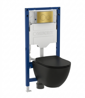 GEBERIT Toiletset Geberit UP320 - Creavit Hangtoilet Randloos Zwart - Drukplaat Mat Goud