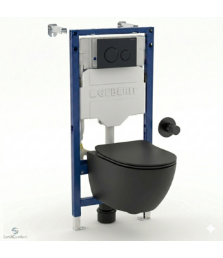 GEBERIT Toiletset Geberit UP320 - Creavit Hangtoilet Randloos Zwart met bidet - Drukplaat Zwart