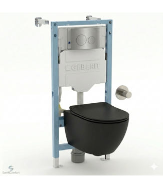GEBERIT Toiletset Geberit UP320 - Creavit Hangtoilet Randloos Zwart met bidet - Drukplaat RVS