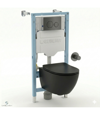 GEBERIT Toiletset Geberit UP320 - Creavit Hangtoilet Randloos Zwart met bidet - Drukplaat Gunmetal