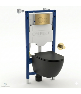 GEBERIT Toiletset Geberit UP320 - Creavit Hangtoilet Randloos Zwart met bidet - Drukplaat Goud