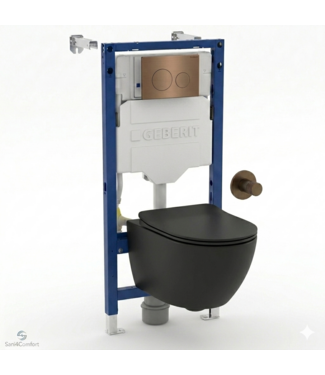 GEBERIT Toiletset Geberit UP320 - Creavit Hangtoilet Randloos Zwart met bidet - Drukplaat Brons Koper