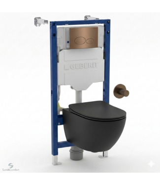GEBERIT Toiletset Geberit UP320 - Creavit Hangtoilet Randloos Zwart met bidet - Drukplaat Brons Koper