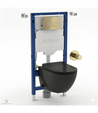 GEBERIT Toiletset Geberit UP320 - Creavit Hangtoilet Randloos Zwart met bidet - Drukplaat Mat Goud