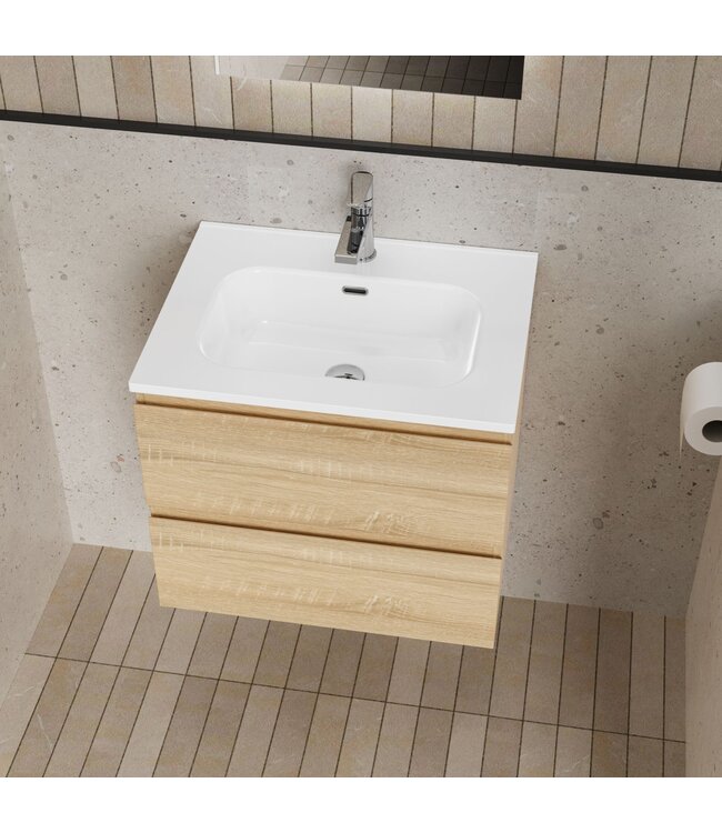 Badkamermeubelset Compleet ALONI LIVA  - 60cm - EIK met Wastafel & Led - Spiegel