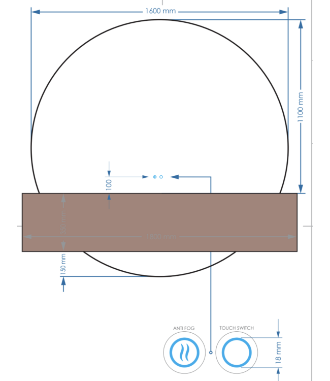 Badkamerspiegel Rond Lios 160cm met Dimbaar LED verlichting en verwarming