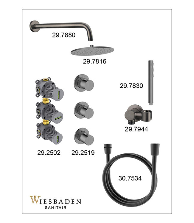 Inbouwthermostaat Caral Met 2 Stopkranen & Doucheset Gunmetal (PVD)