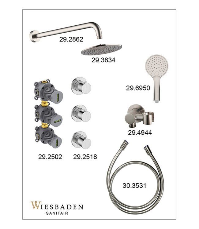Inbouwthermostaat Caral Geborsteld Staal met Hoofddouche 25cm & Handdouche 3-standen