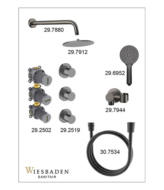 Inbouwthermostaat Caral Gunmetal (PVD) met Hoofddouche 25cm & Handdouche 3-standen