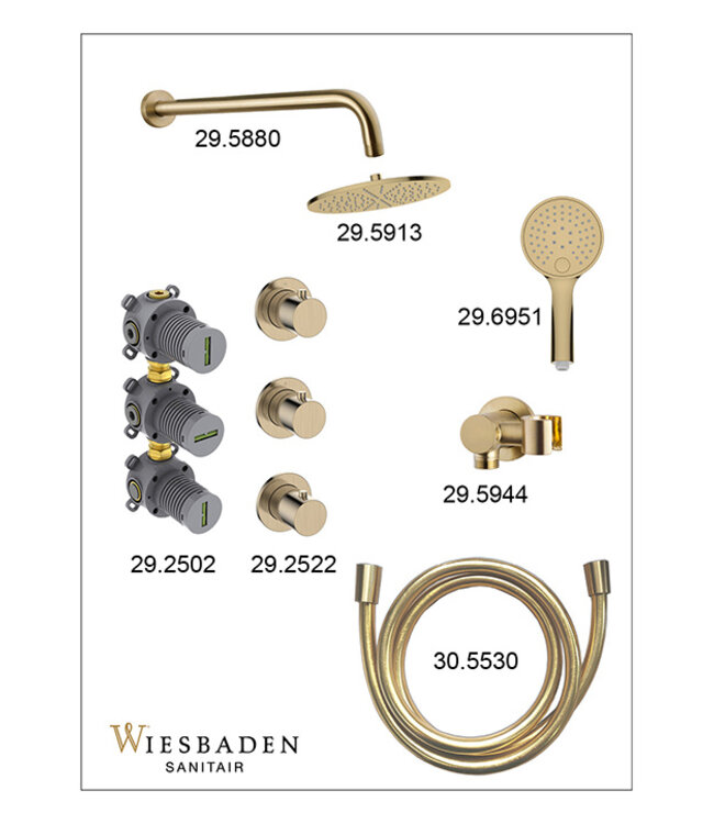 Inbouwthermostaat Caral Geborsteld Messing (PVD) met Hoofddouche 25cm & Handdouche 3-standen