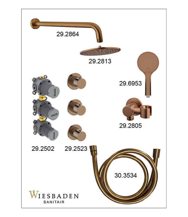 Inbouwthermostaat Caral Geborsteld Brons Koper (PVD) met Hoofddouche 25cm & Handdouche 3-standen