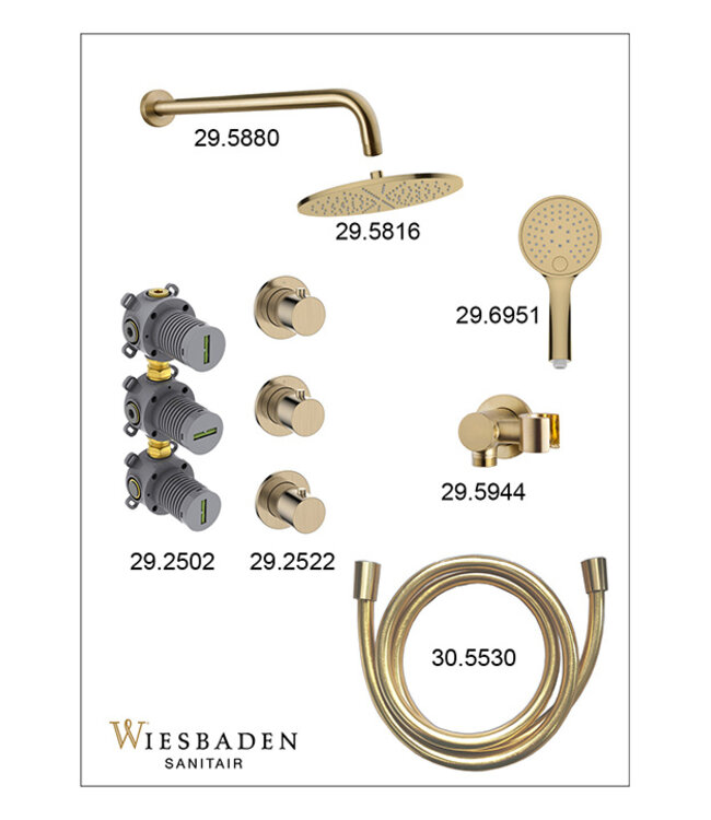 Inbouwthermostaat Caral Geborsteld Messing (PVD) met Hoofddouche 30cm & Handdouche 3-standen