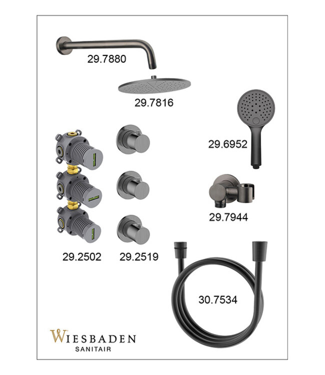 Inbouwthermostaat Caral Gunmetal (PVD) met Hoofddouche 30cm & Handdouche 3-standen