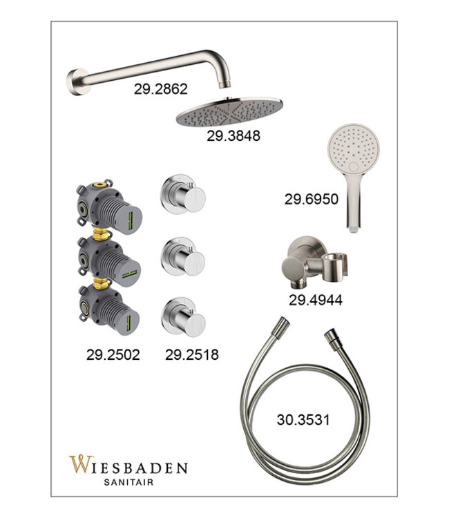 Inbouwthermostaat Caral Geborsteld Staal met Hoofddouche 30cm & Handdouche 3-standen