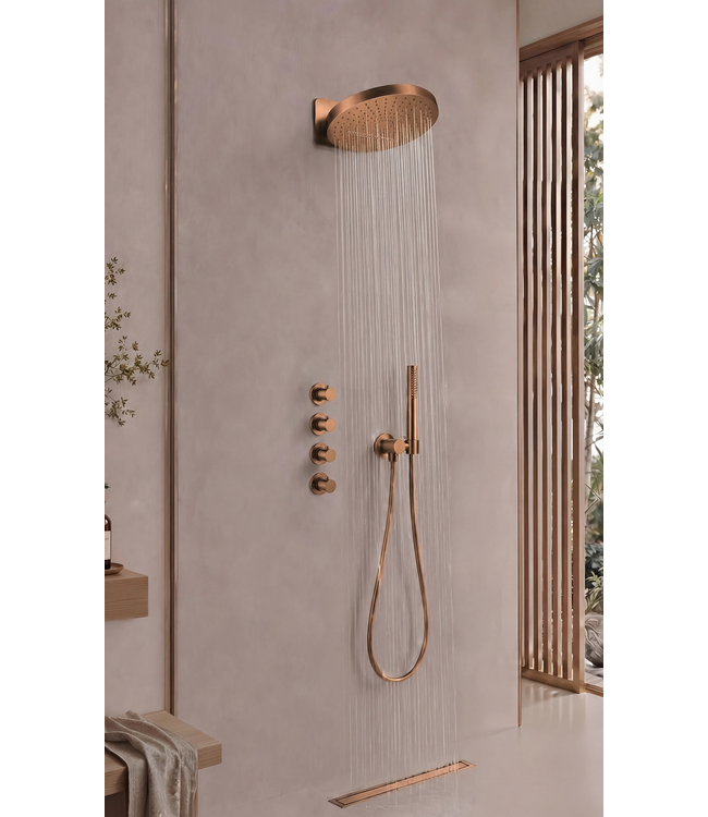 UniMatch Pluuto Hoofddouche 2-standen Geborsteld Brons Koper (PVD)32cm - Inbouw wandmontage