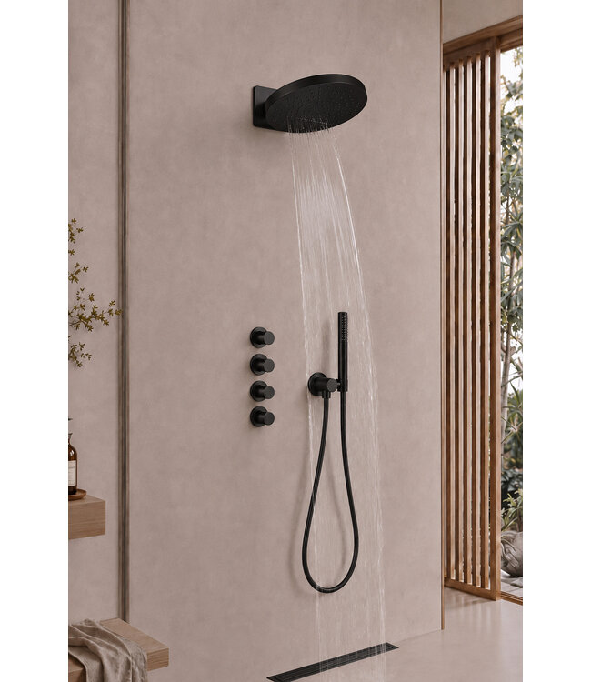UniMatch Pluuto Hoofddouche 2-standen Mat Zwart 32cm - Inbouw wandmontage