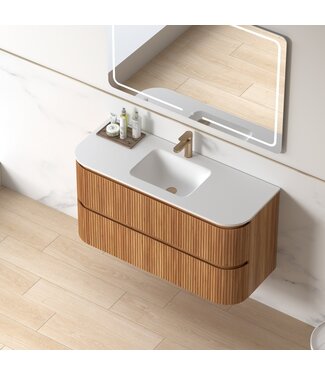 SANI-SUPPLY Badkamermeubel Eleonora 120 cm Acacia | Enkele Wastafel Solid Surface