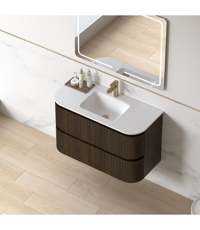 Badkamermeubel Eleonora 100 cm Dark Walnoot | Keramische Wastafel