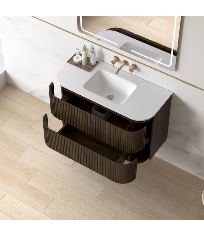 Badkamermeubel Eleonora 100 cm Dark Walnut | Incl. Solid Surface Wastafel