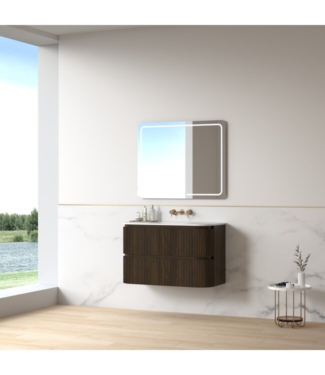 Badkamermeubel Eleonora 100 cm Dark Walnut | Incl. Solid Surface Wastafel