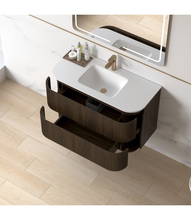 Badkamermeubel Eleonora 100 cm Dark Walnut | Incl. Solid Surface Wastafel