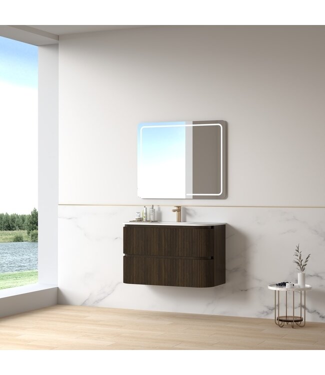 Badkamermeubel Eleonora 100 cm Dark Walnut | Incl. Solid Surface Wastafel