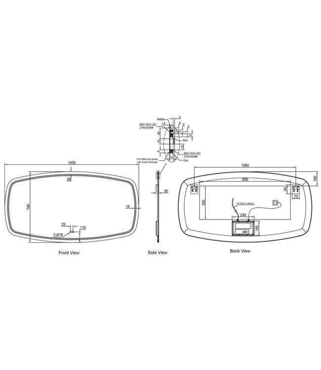 Lumora Rechthoekige Badkamerspiegel 140x74 cm – LED & Verwarming