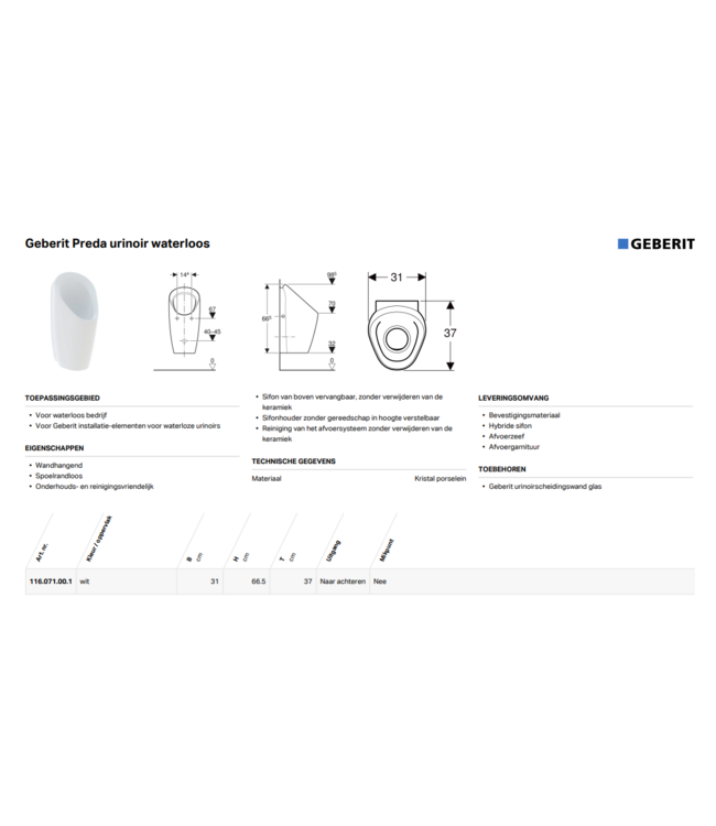 Geberit Preda Urinoir - Waterloos Wit