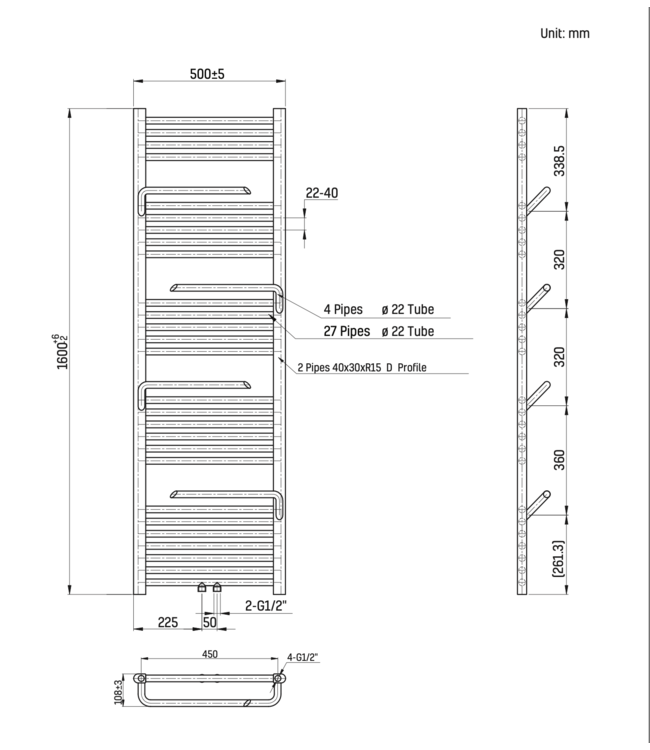 Handdoekradiator met handdoekhouder Mat Zwart 160x50cm – 2282W