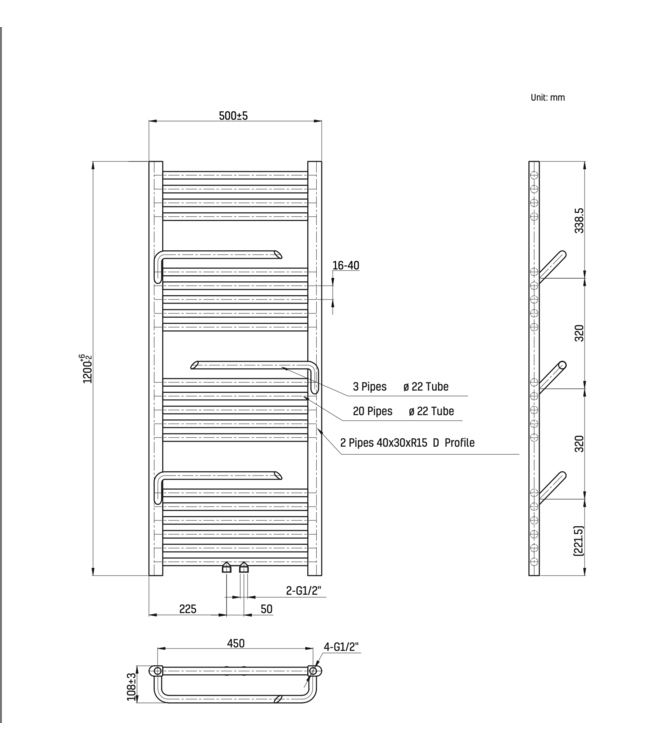 Handdoekradiator met handdoekhouder Mat Zwart 120x50cm – 1699W