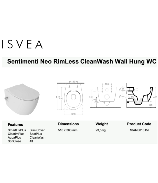 Hangtoilet met bidet Ivoor Mat met Geintegreerde kraan Koud⎢Isvea Sentimenti NEO Randloos excl. wc bril