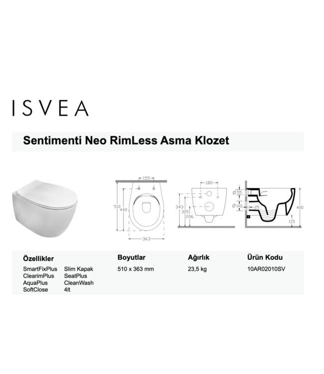Hangtoilet Randloos Ivoor Mat - Isvea Sentimenti NEO⎢excl. wc bril