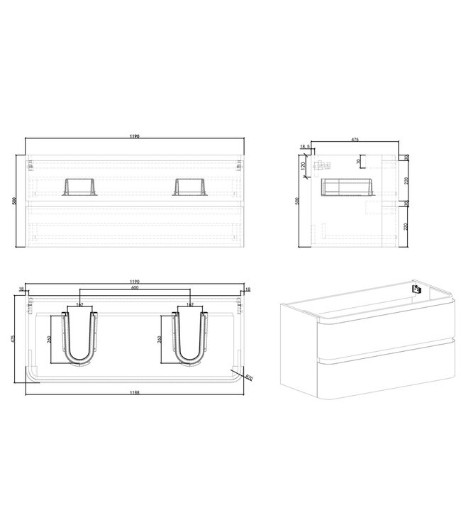 Wastafelonderkast Novira Mat Wit 120x48cm | Afgeronde hoeken