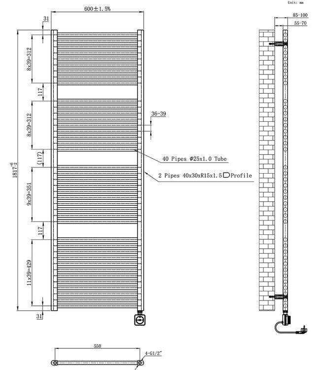 Elektrische Radiator Elara Smart WiFi - 182x60 cm - 1000W - Geborsteld Staal - PVD