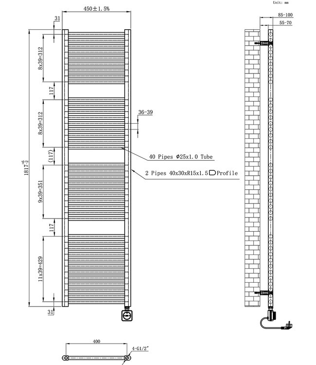 Elektrische Radiator Elara Smart WiFi - 182x45 cm - 1000W - Geborsteld Staal - PVD