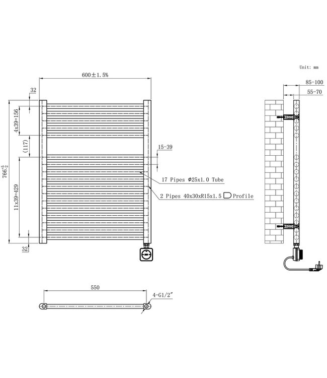 Elektrische Radiator Elara Smart WiFi - 76x60 cm - 400W - Geborsteld Staal PVD