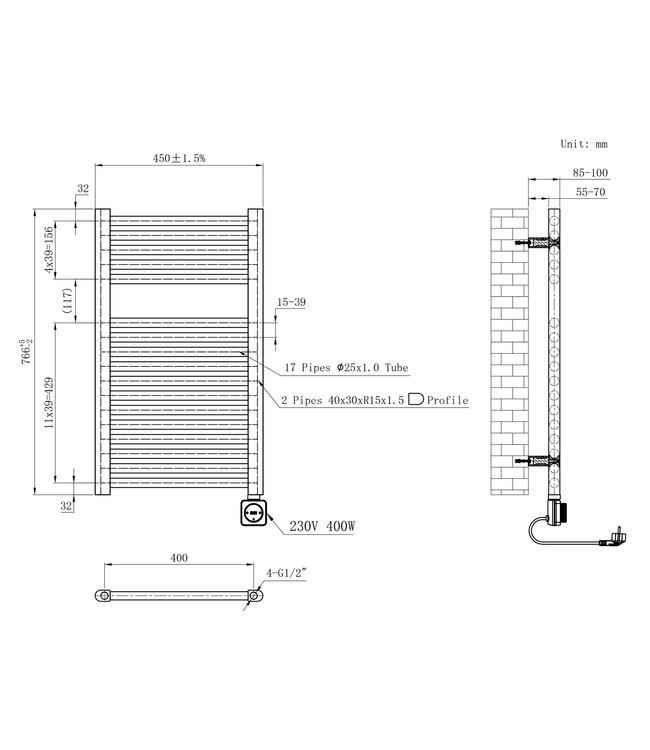 Elektrische Radiator Elara Smart WiFi - 76x45 cm - 400W - Geborsteld Staal PVD